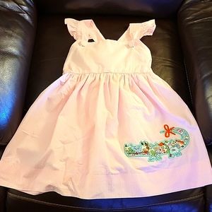 Smock Monkey pink gingham check sundress floral embroidery green alligator 4 EUC